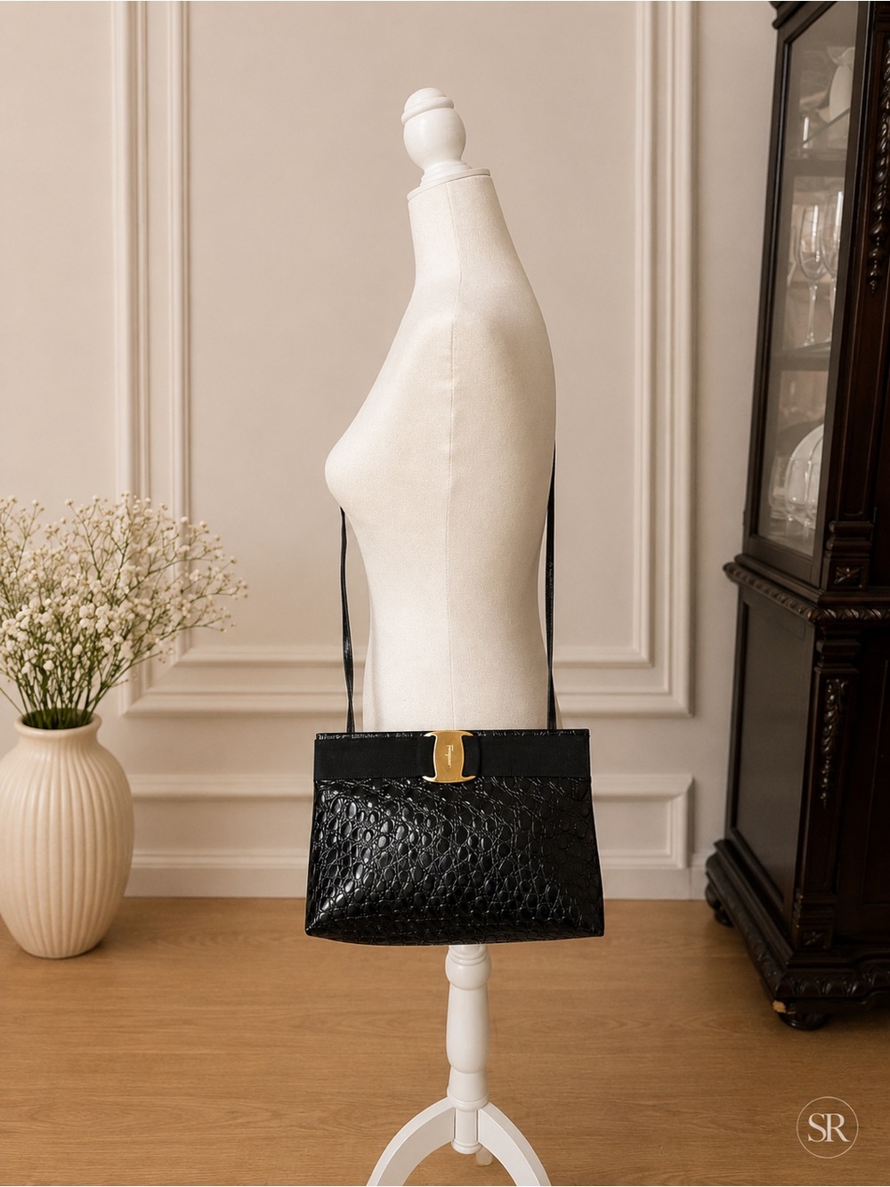 VTG Salvatore Ferragamo Black Croc Embossed Leather Vara Bow Clutch Shoulder Bag - Picture 3 of 11
